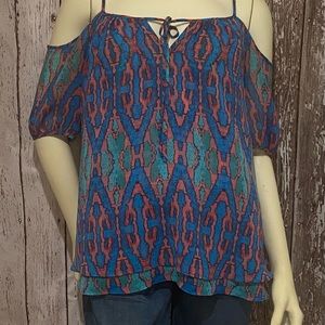 Nicole by Nicole Miller multicolor cold shoulder blouse.